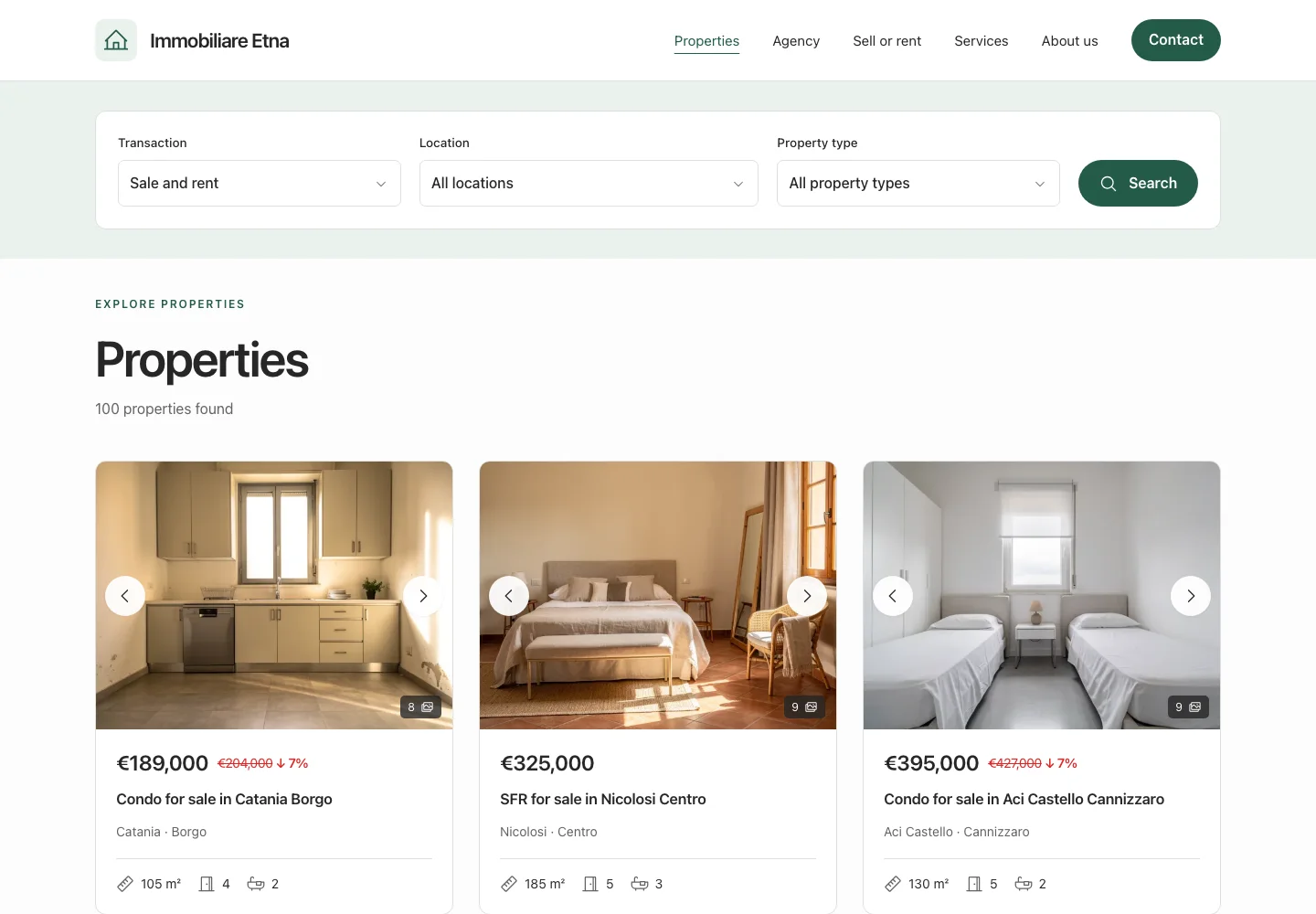Demo website catalogue with property search, photographs, prices and key features.