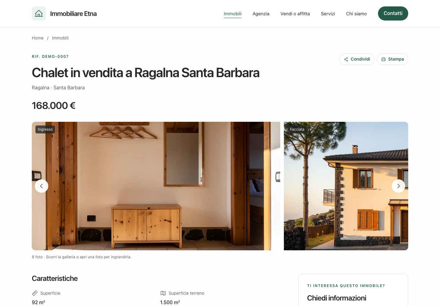 Scheda immobile del sito demo con fotografie, prezzo e caratteristiche.